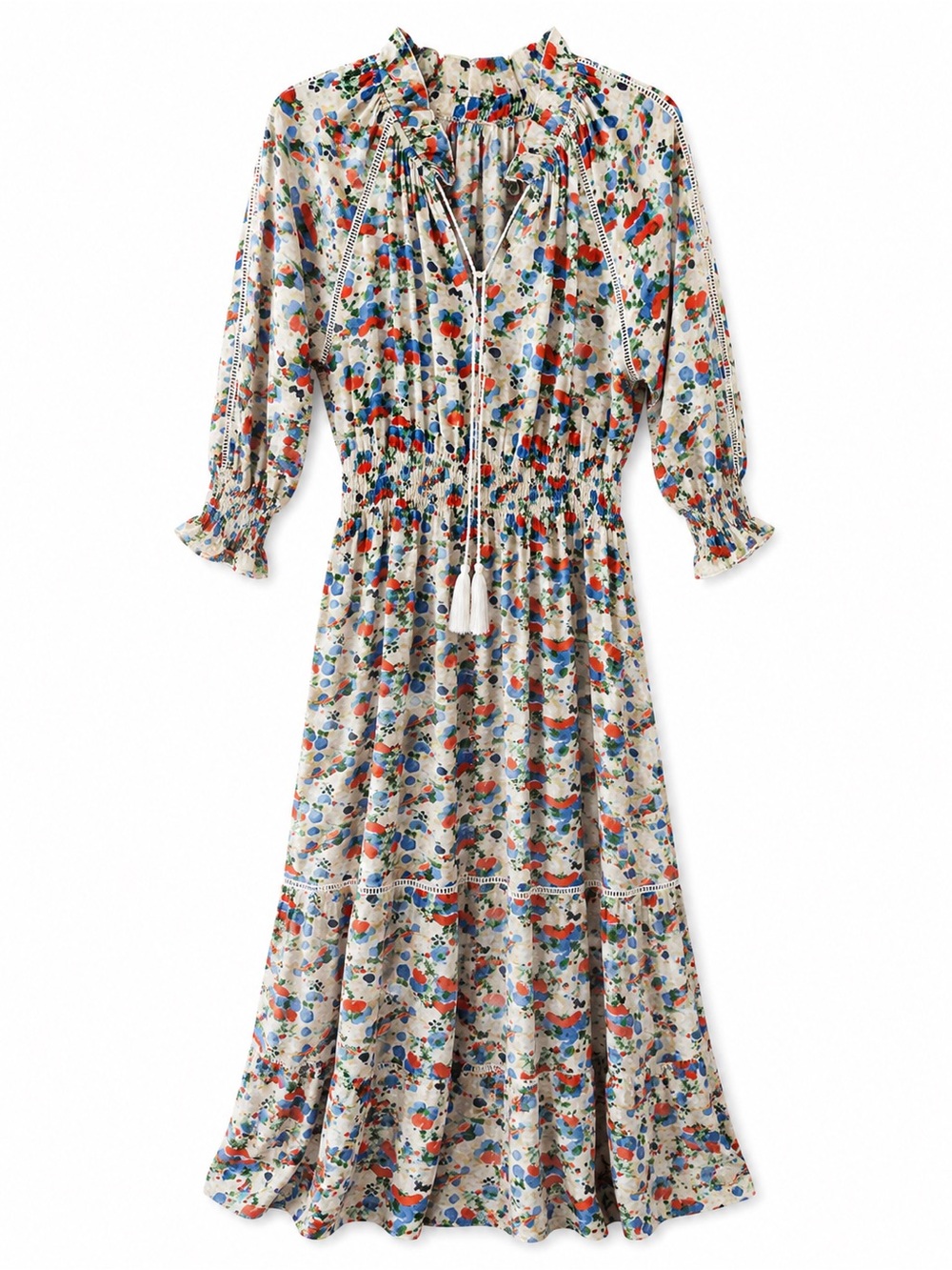 Fanco Boho Floral Maxi Dress with Tie Neck Cottage Core Small